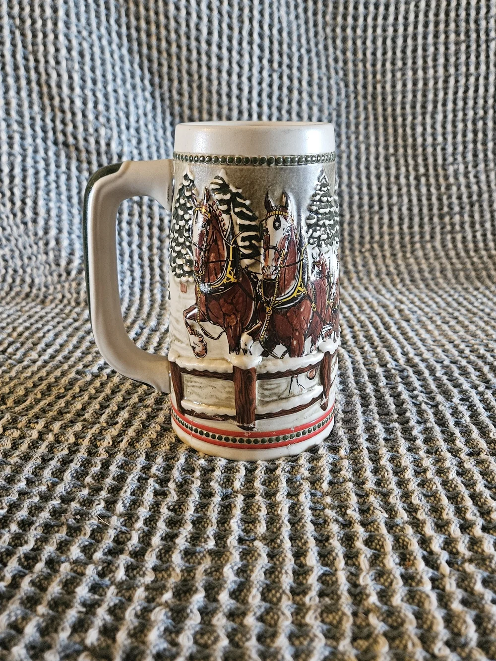 Decorative Winter Scene Ceramic Stein - Red and Green